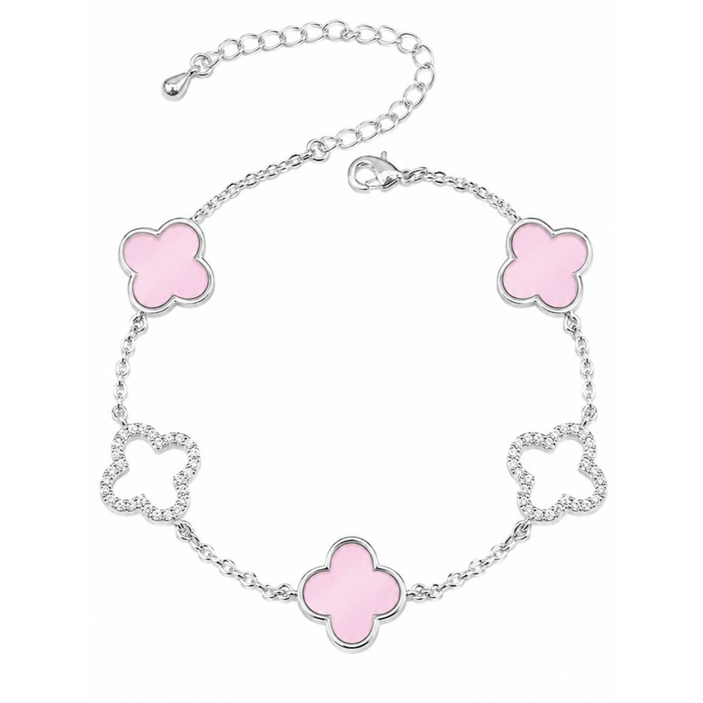 925 Silver Pink Clover Bracelet White and Pink Enamel Charms Dainty Chain Link